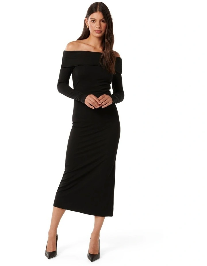 Louise Long Sleeves Midi Dress in Black