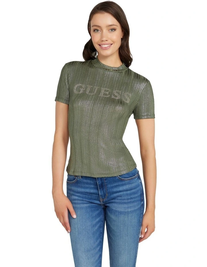 Short Sleeve High Neck Cristina Logo Top in Lichen Leaf Foil
