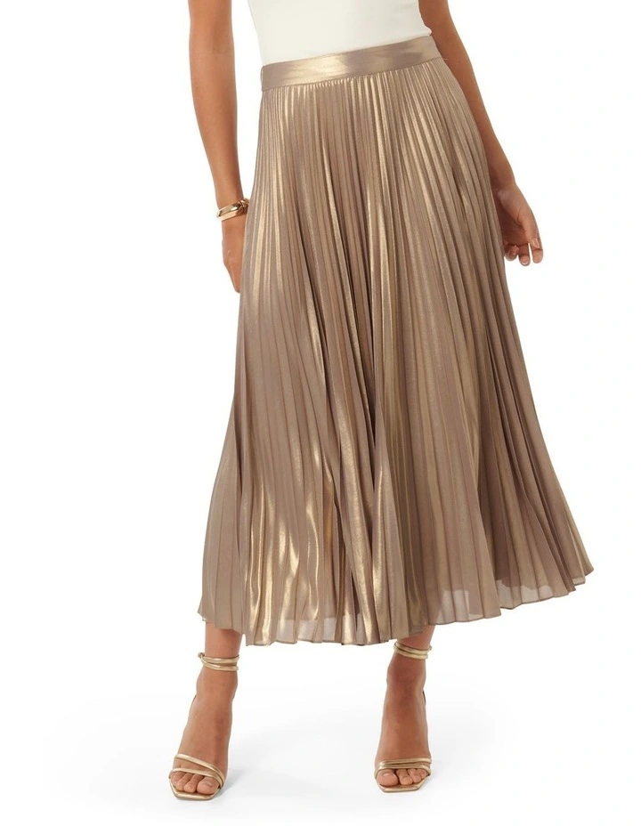 Estella Metallic Pleated Maxi Skirt in Gold