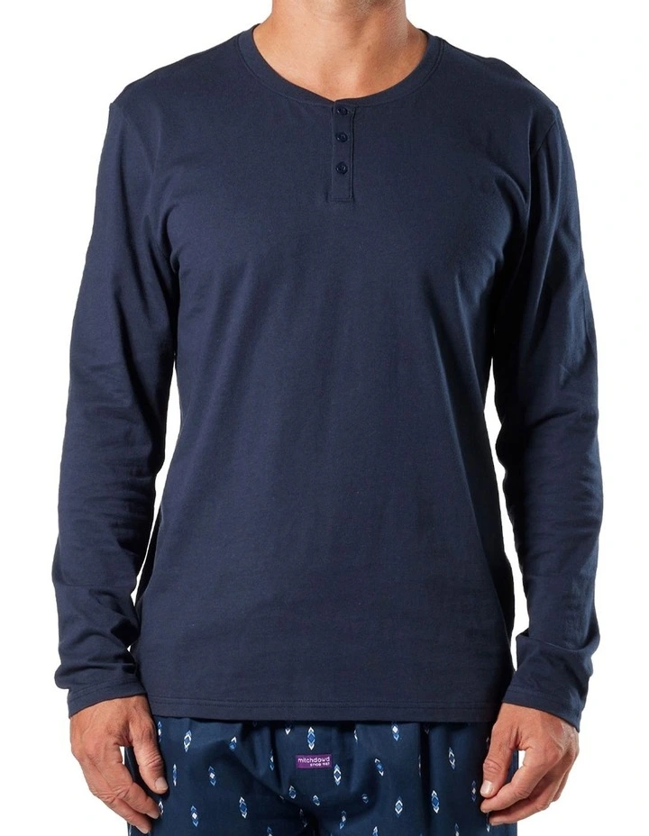 Henley Cotton Long Sleeve Sleep Tee in Navy