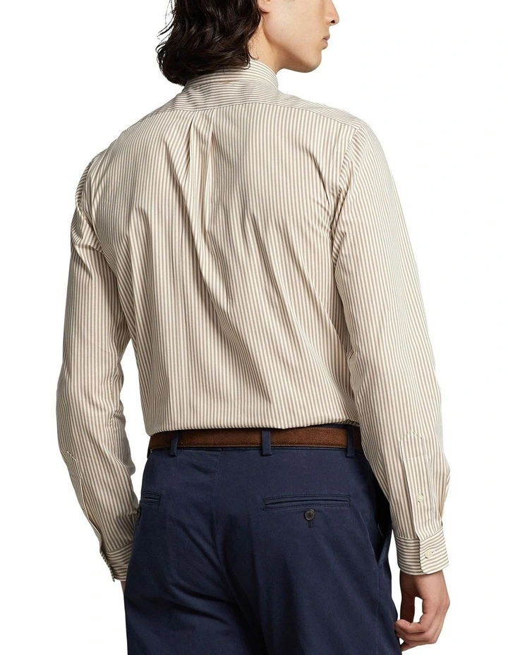 Classic Fit Striped Stretch Poplin Shirt in Beige