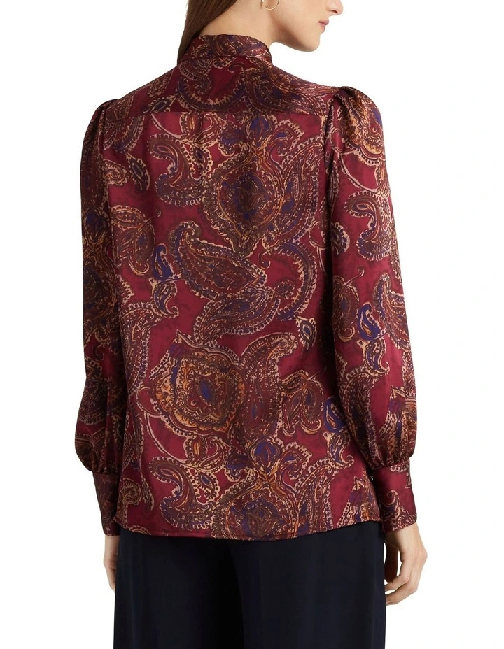 Paisley Satin Charmeuse Tie-Neck Blouse in Red