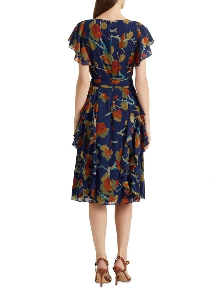 Floral Ruffle-Trim Georgette Dress in Blue