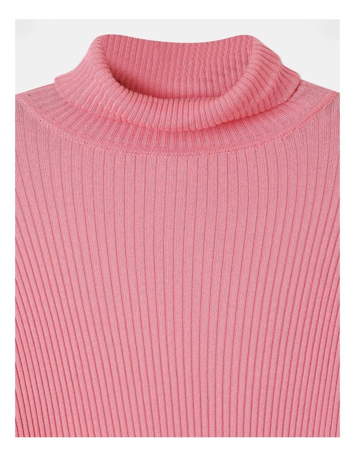 Long Sleeve Knitted Rib Roll Neck Top in Light Pink