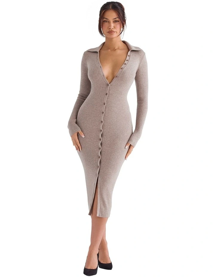 Yvette Cashmere Knit Midi Dress in Beige