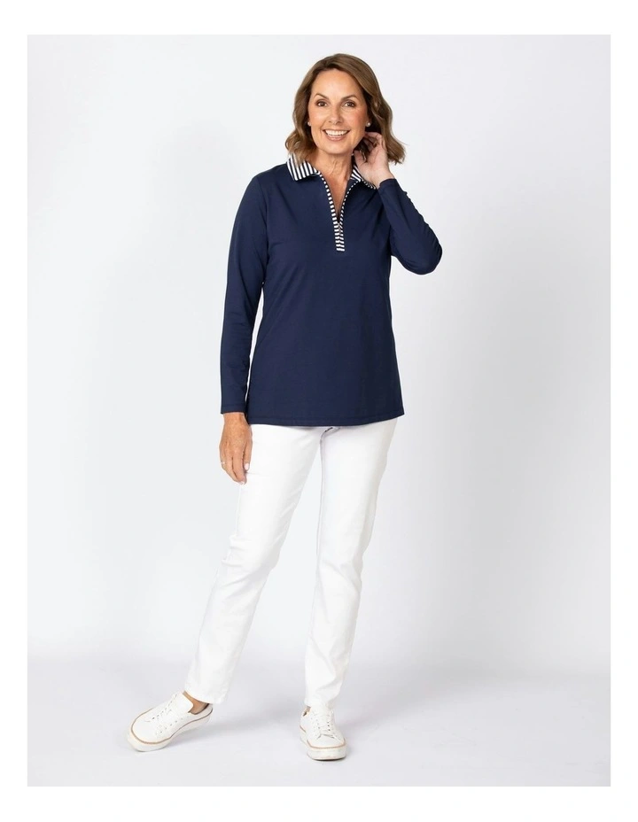 Caddie Long Sleeve Zip Polo Top in Navy