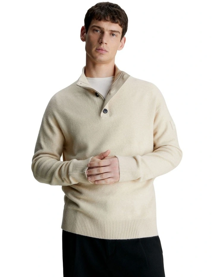 Lycra Blend Button Quarter Zip Knit Top in Grey