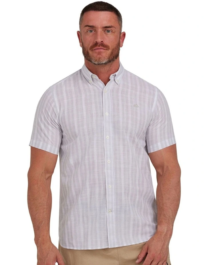 Multi Stripe Linen Cotton Short Sleeve Shirt in Grey