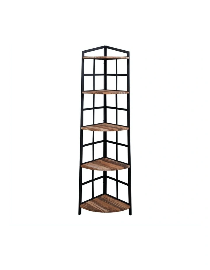 5 Tier Industrial Corner Bookshelf With Metal Frame Brown