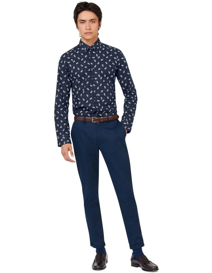 Micro Paisley Print Long Sleeve Shirt in Navy