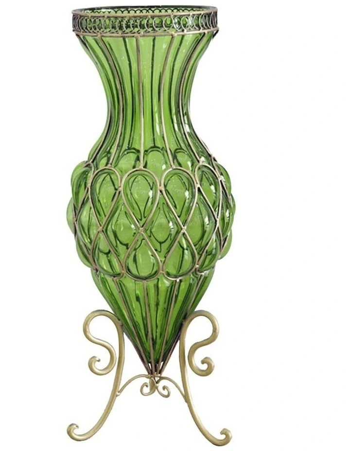 Glass Tall Floor Vase with Metal Flower Stand 67cm in Green