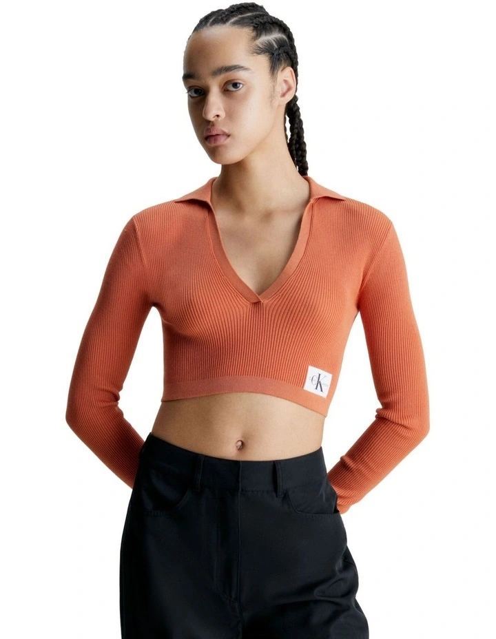 Label Tight Crop V-Neck Sweater in Burnt Clay