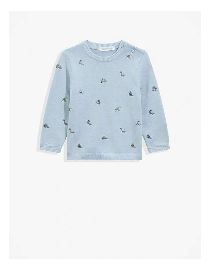 Dino Embroidered Knit Sweater in Washed Blue