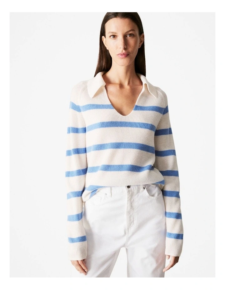 Merino Cashmere Stripe Collared Knit in Wedgewood Blue