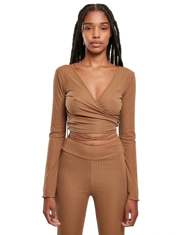 Cropped Rib Wrapped Long Sleeve in Dark Taupe