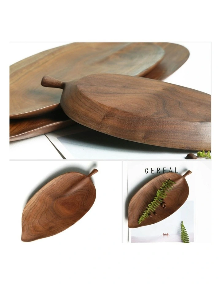 Leaf Shape Wooden Tray Set of 2 in Walnut