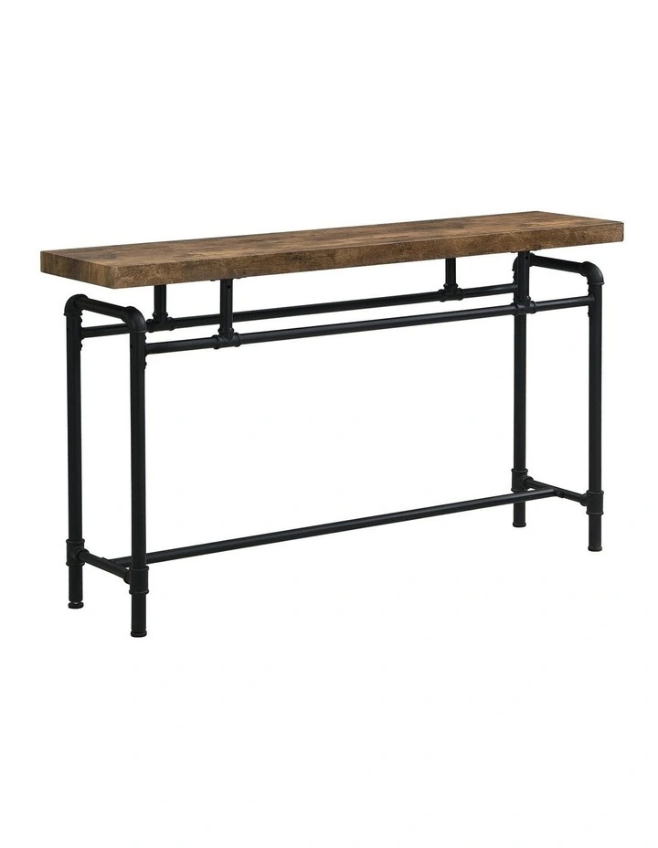 Industrial Metal Tube & Wood Console Sofa Table 130cm Width in Rustic Dark Brown