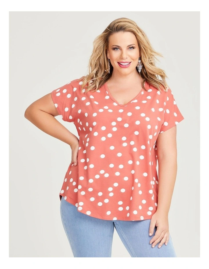 Cotton Scoop Neck Spot Top in Terracotta/off White