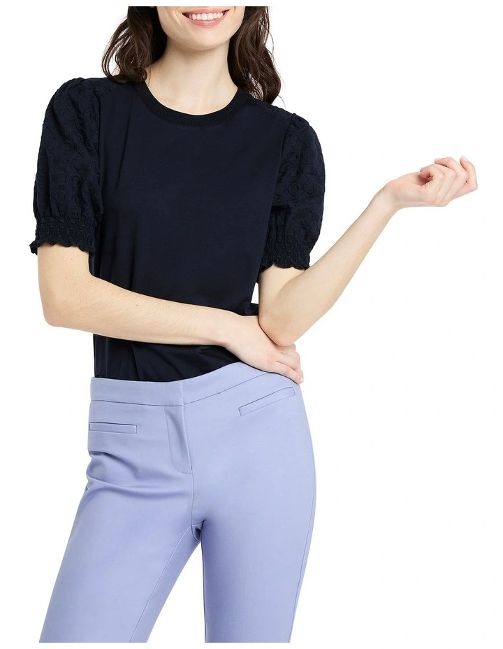 Cato Lace Sleeve Tee in Navy