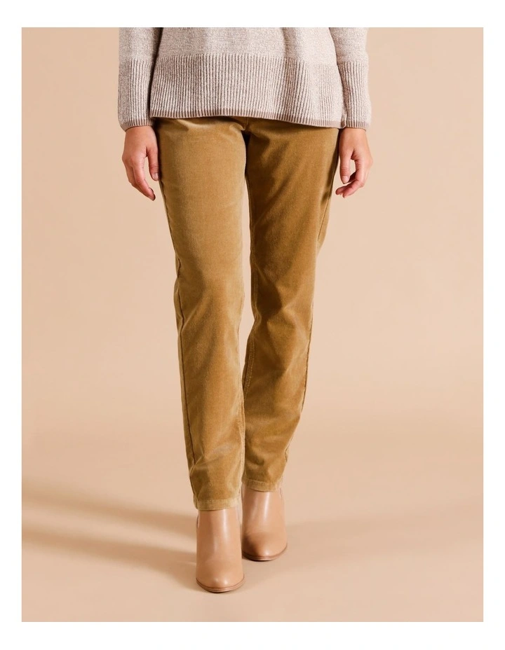Recycled Cotton Blend 5 Pocket Stretch Cord Pant in Camel