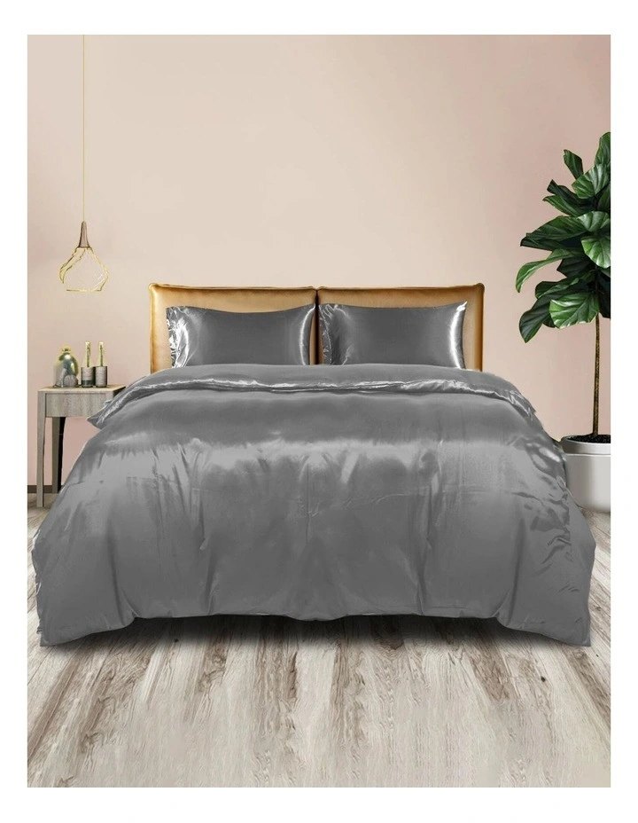 Silky Satin Bedspread Summer Pillowcases King Quilt Cover Set in Grey