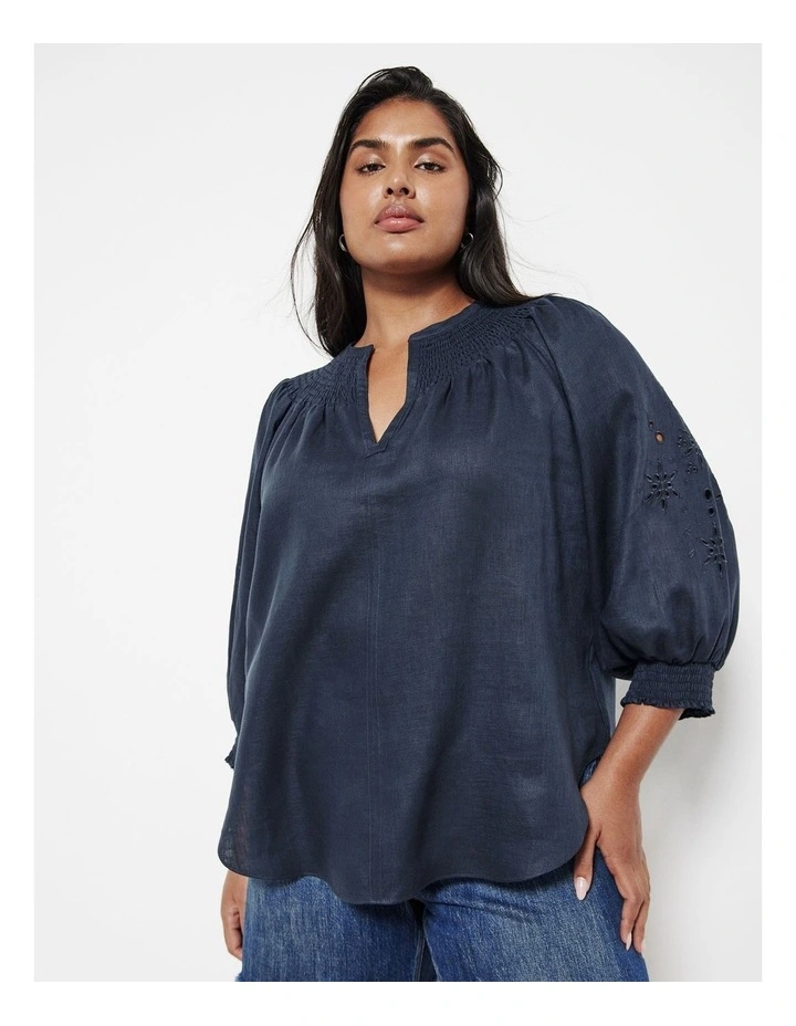 The Broderie Linen Top in French Navy