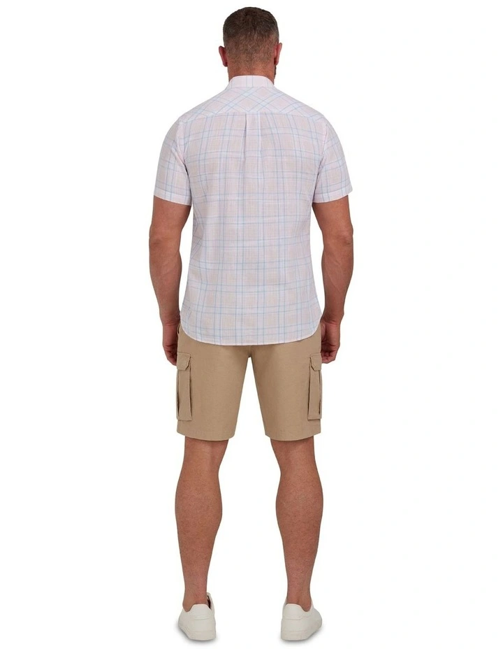 Plaid Check Linen Short Sleeve Shirt in Pink