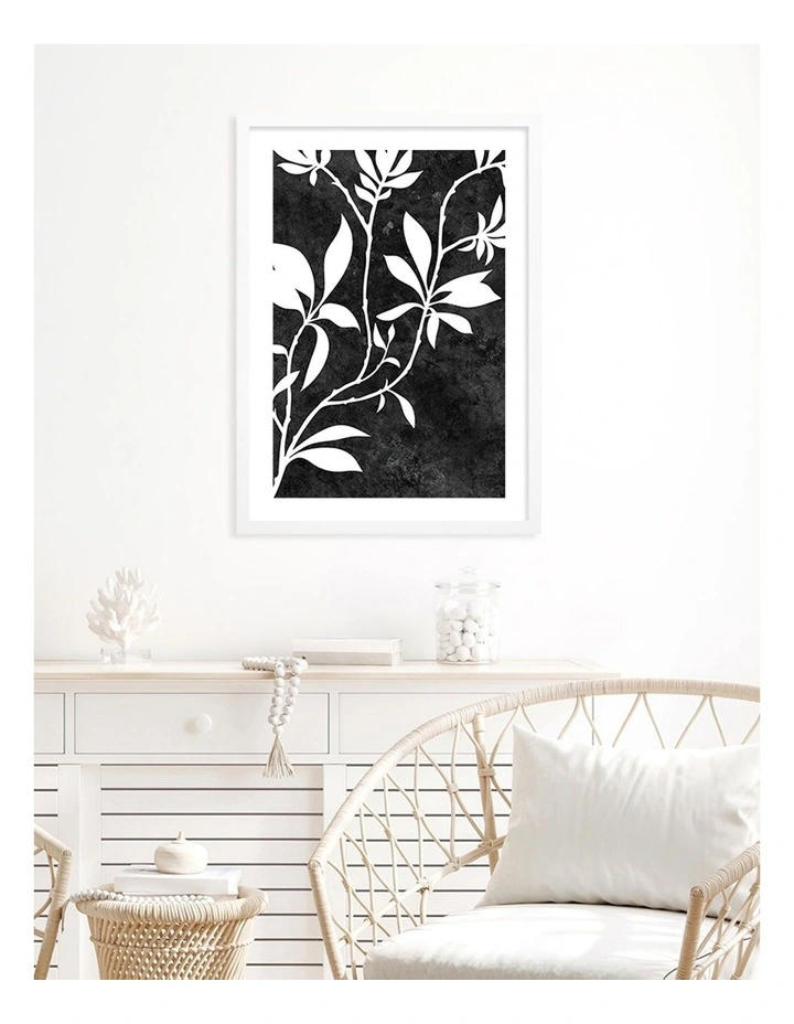 Australian Made Silhouette Branch Leaves Night Art Print A2 in White Frame