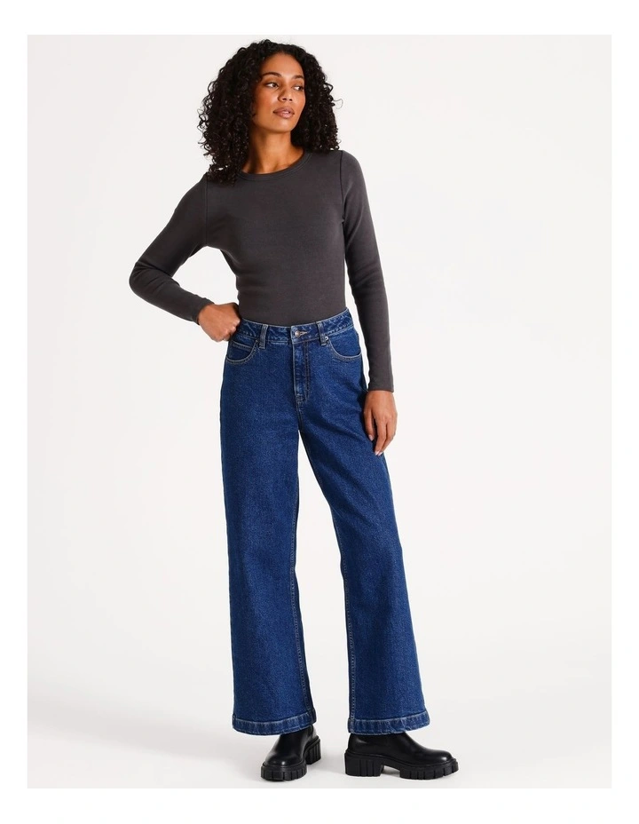 Organic Blend Crew Neck Long Sleeve Rib Tee in Charcoal