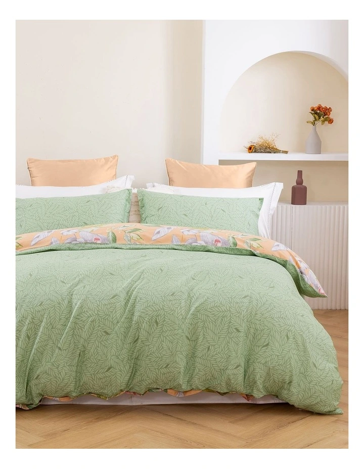 Peach Lily Cotton Reversible Quilt Cover Set in Green