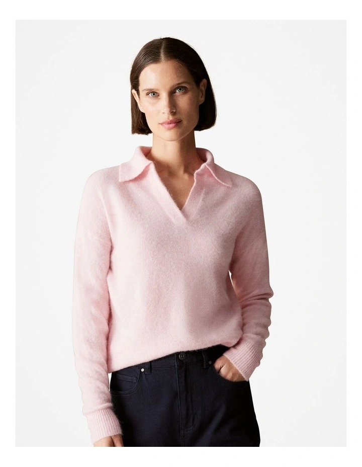Alpaca Merino Blend Relaxed Polo Knit in Blossom Pink