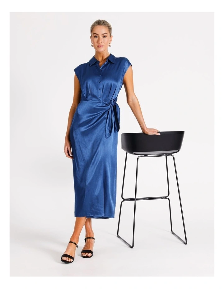 Crinkle Satin Short Sleeve Shirt Dress in Cobalt