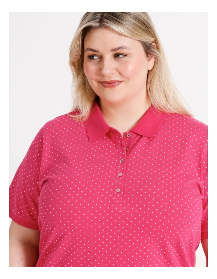 Organic Cotton Stretch Short Sleeve Polo in Hot Pink/White Spot