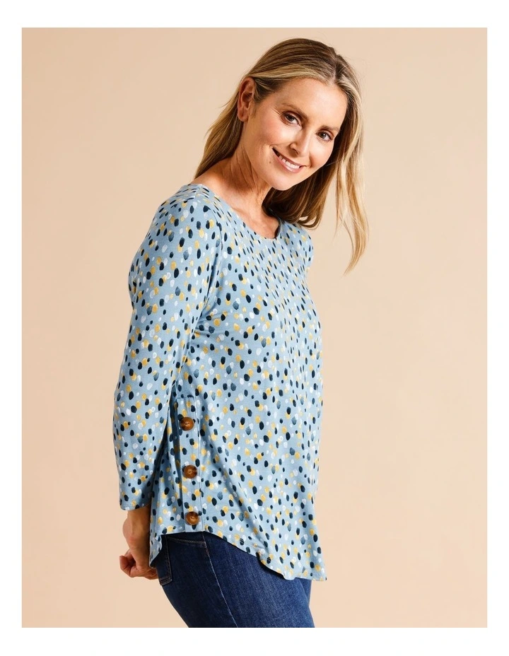 Sustainable Viscose Button Side 3/4 Sleeve Tee in Blue Rain Drop Spot