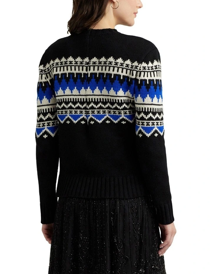 Fair Isle Wool-Blend Crewneck Sweater in Black