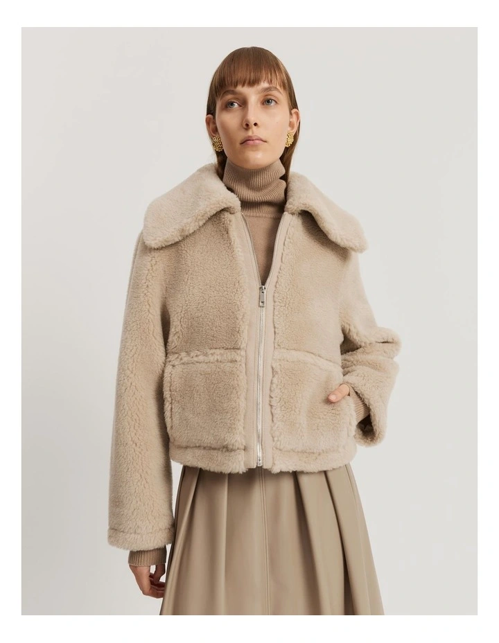 Zip Through Bomber Jacket in Ecru