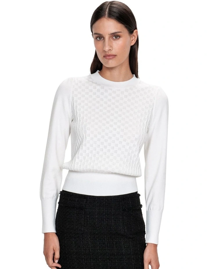 Fancy Stitch Puff Sleeve Knit Top in Winter White