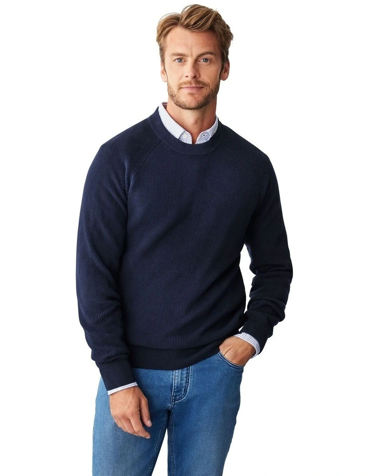 Cotton Raglan Crew Knit Sweater in Navy