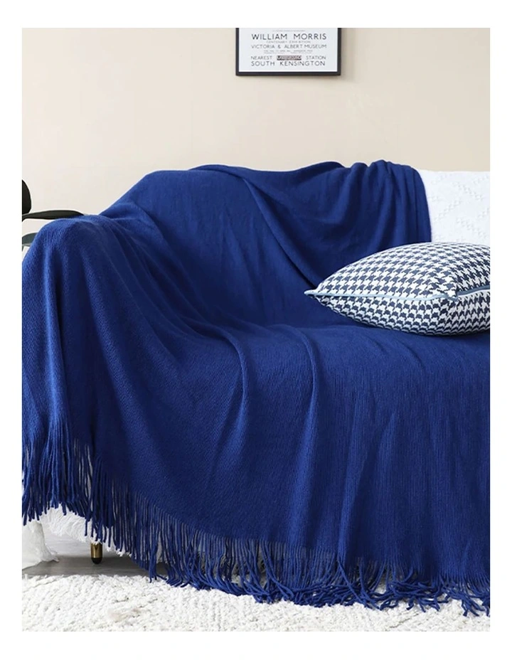 Acrylic Solid Knitted Throw Blanket in Royal Blue