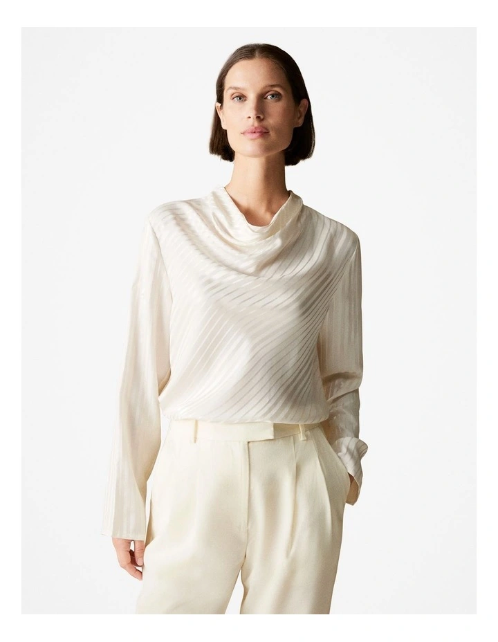 Silk Variegated Stripe Cowl Neck Top in Vanilla