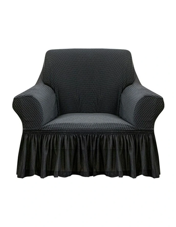 1-Seater Dark Grey Sofa Cover with Ruffled Skirt in Dark Grey