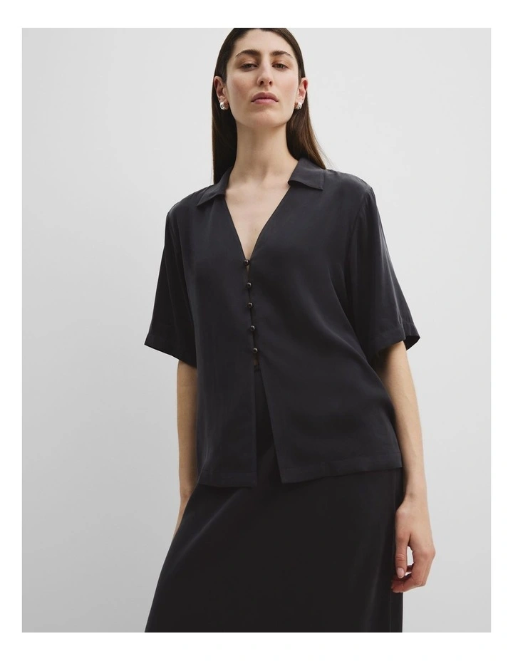 Cupro Button Front Top in Black