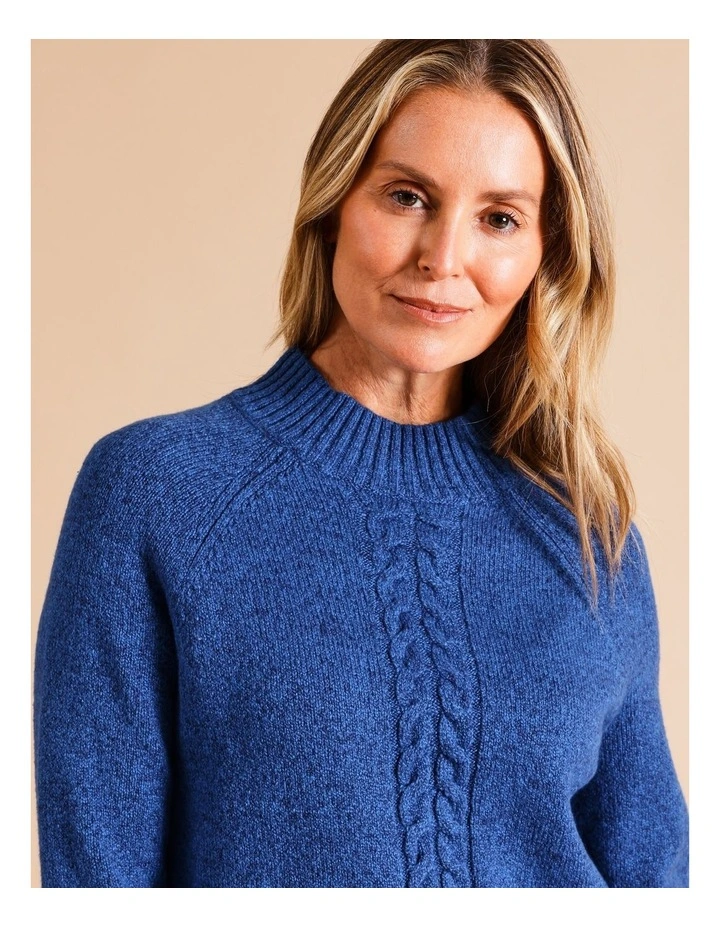 Centre Front & Sleeve Cable Armhole Jumper In Bright Blue Fleck