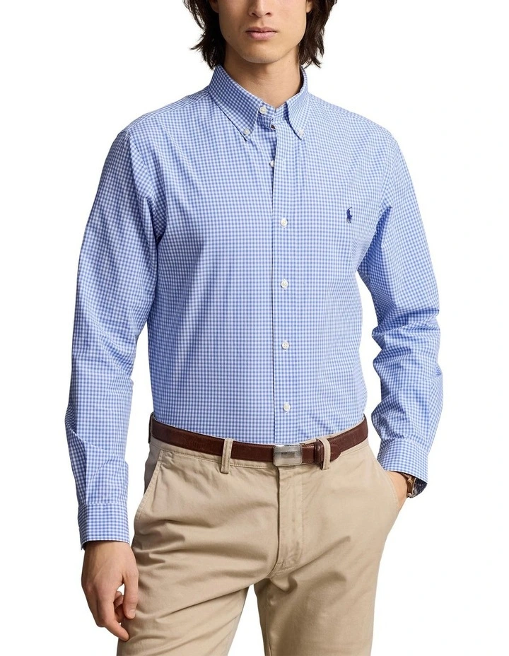 Slim Fit Checked Stretch Poplin Shirt in Blue