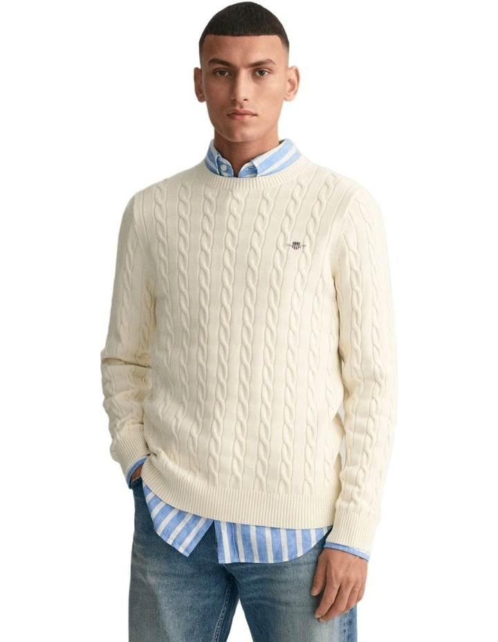 Cotton Cable Knit Crew Neck Sweater in Cream