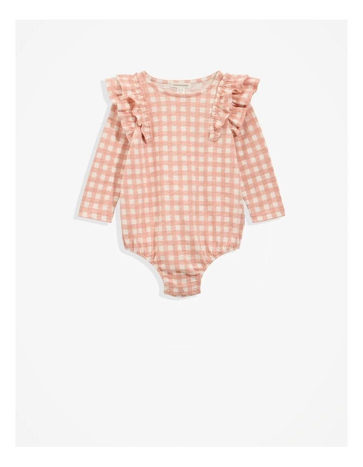 Organically Grown Cotton Gingham Long Sleeve Bodysuit in Pink Gingham