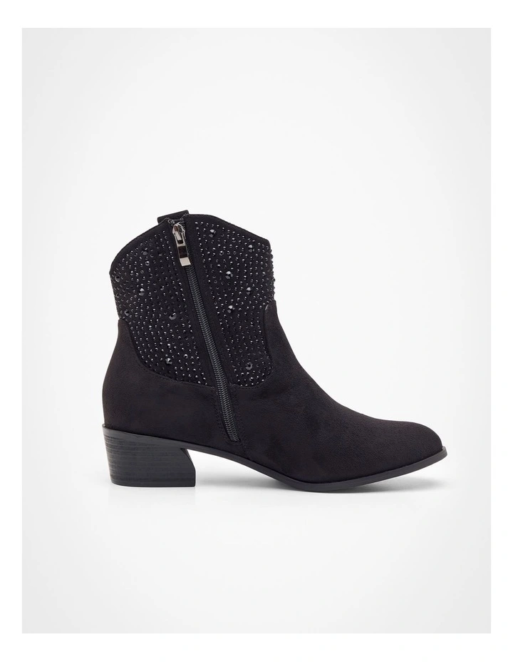 Bejewelled Western Zip Boot in Black