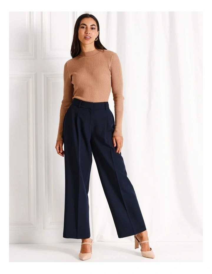Recycled Blend Pleat Front Wide Leg Pant in Navy