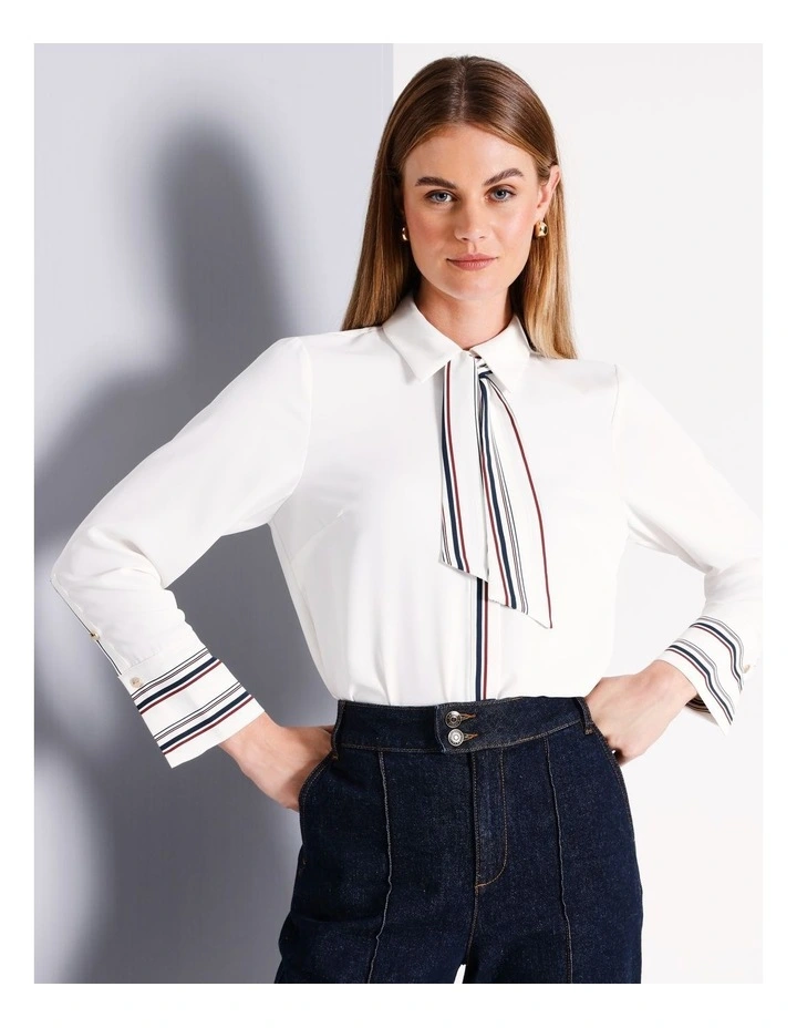 Button Through Tie Insert Shirt in Ivory