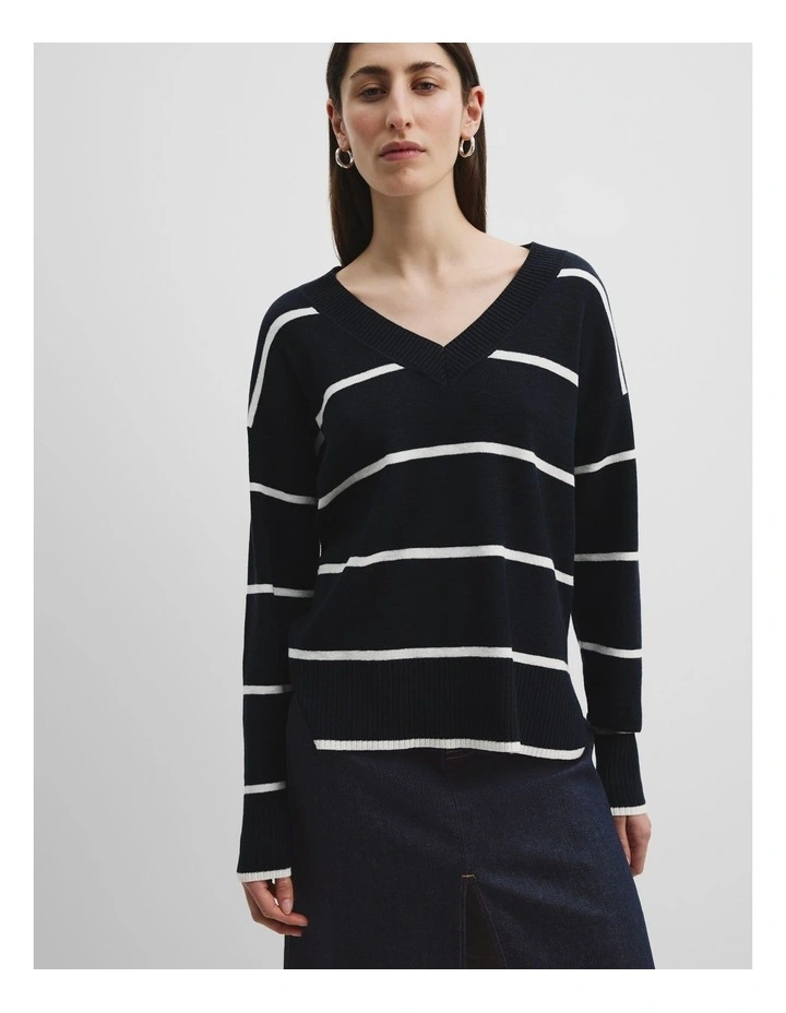 Organically Grown Cotton Linen Blend Stripe Knit in Navy Stripe